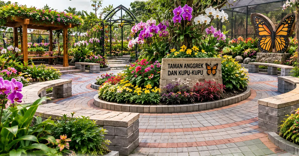 Visual konsep Taman Anggrek dan Kupu-Kupu dengan jalur taman, area duduk, dan unsur edukasi.